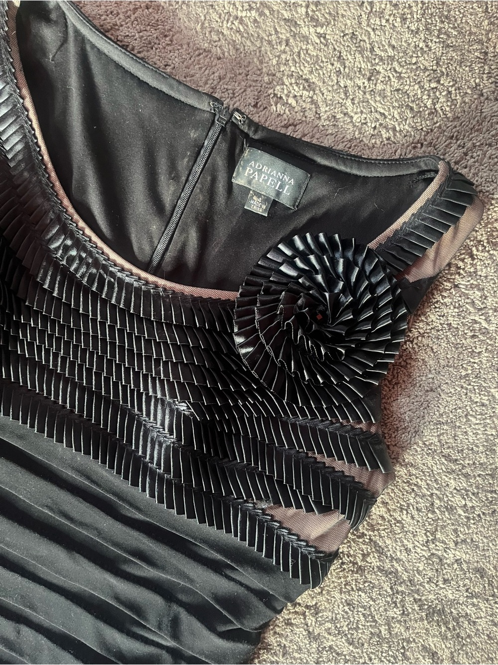 Adrianna Papell Black Pleated Rosette Sleeveless Dress